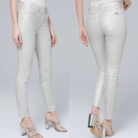 White House Black Market Denim - White House Black Market Mid-Rise Metallic Silver Skinny Ankle Jeans Sz 10